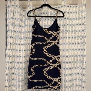 Carmen Marc Valvo Blue Dress with Gold Chain Design